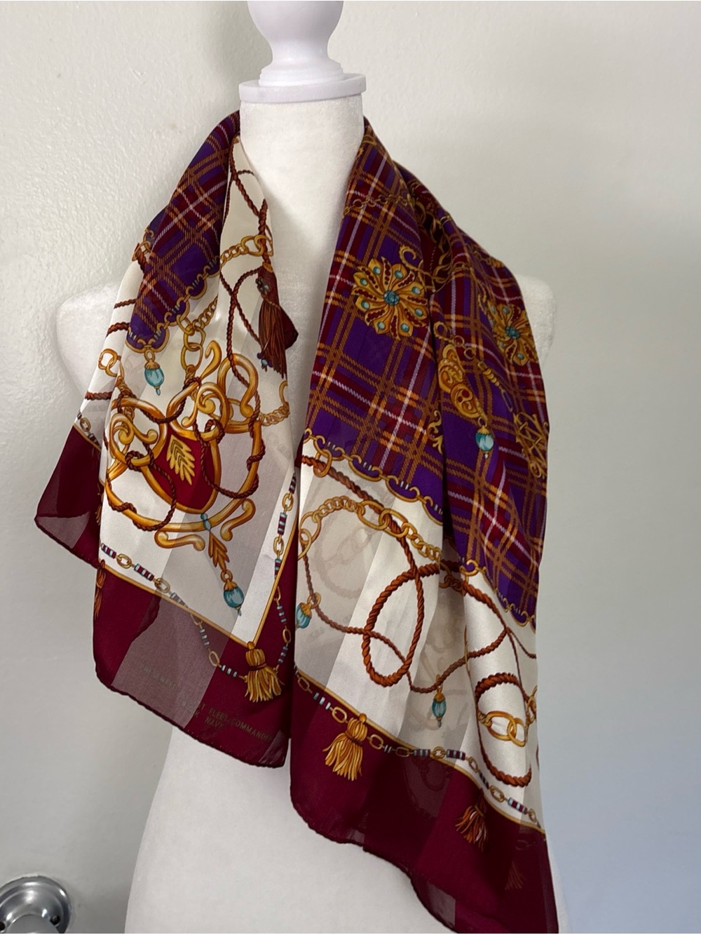 Vtg Dong-A Silk Sales Co Korea Scarf Purple Plaid Jewel Chain Tassel 34” Square